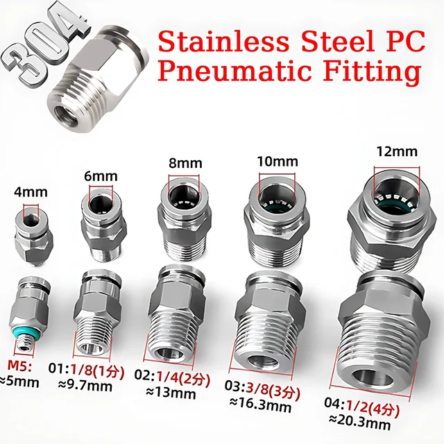 10/50/200ชิ้นฟิตติ้งท่อลม304หัวต่อท่อลมสแตนเลส M5 1/8 1/4 3/8 1/2 BSP fiting Pipa ปลดเร็ว 1
