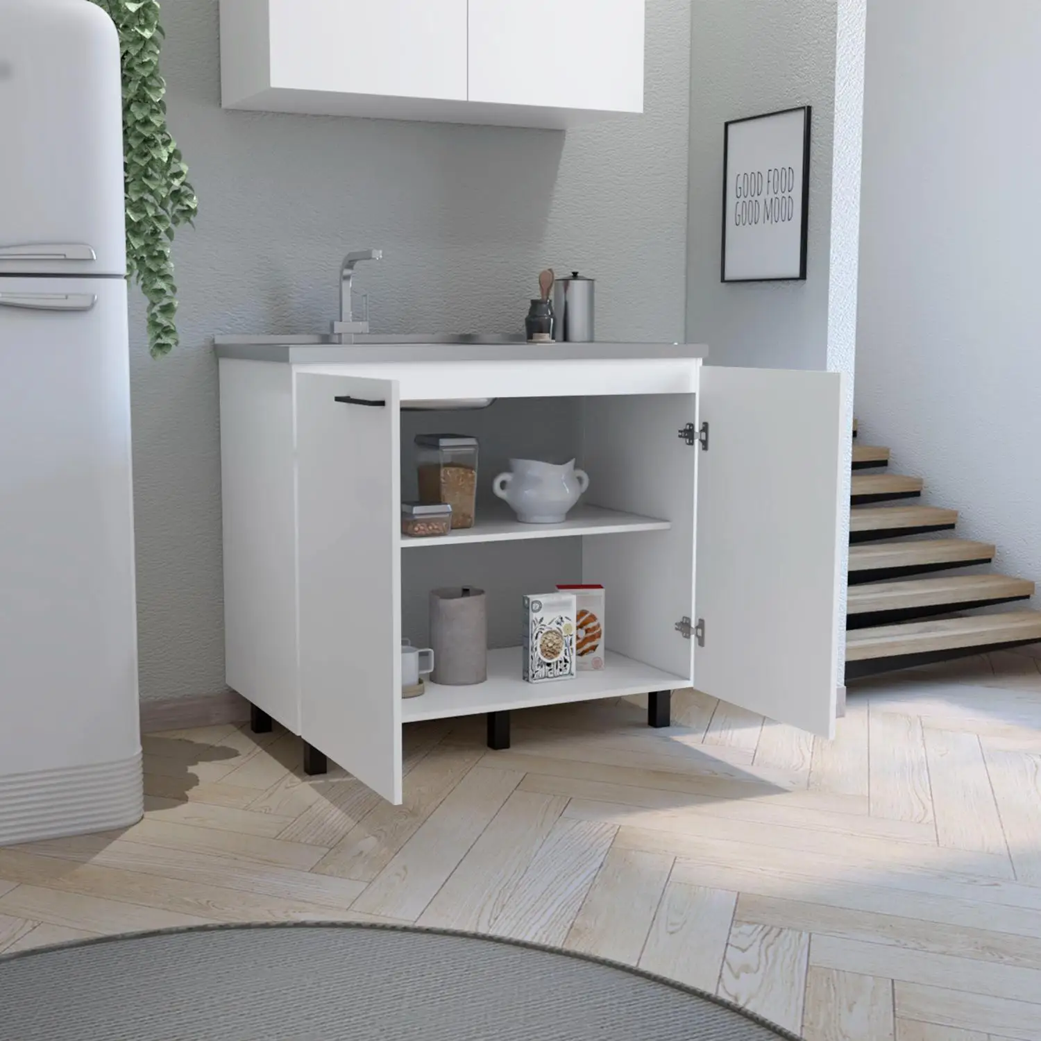Napoles 2 Utility Sink with Cabinet, Stainless Steel Countertop, Interior Shelf White 3