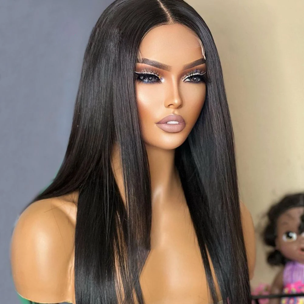 

Soft Preplucked 26Inch Long 180%Density Glueless Natural Black Straight Lace Front Wig For Black Women BabyHair Daily Cosplay