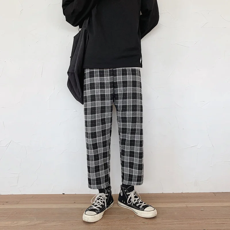 

Spring Cotton Plaid Men's Fashion Retro Casual Straight Pants Men Streetwear Wild Loose Hip Hop Trousers Mens S-2XL
