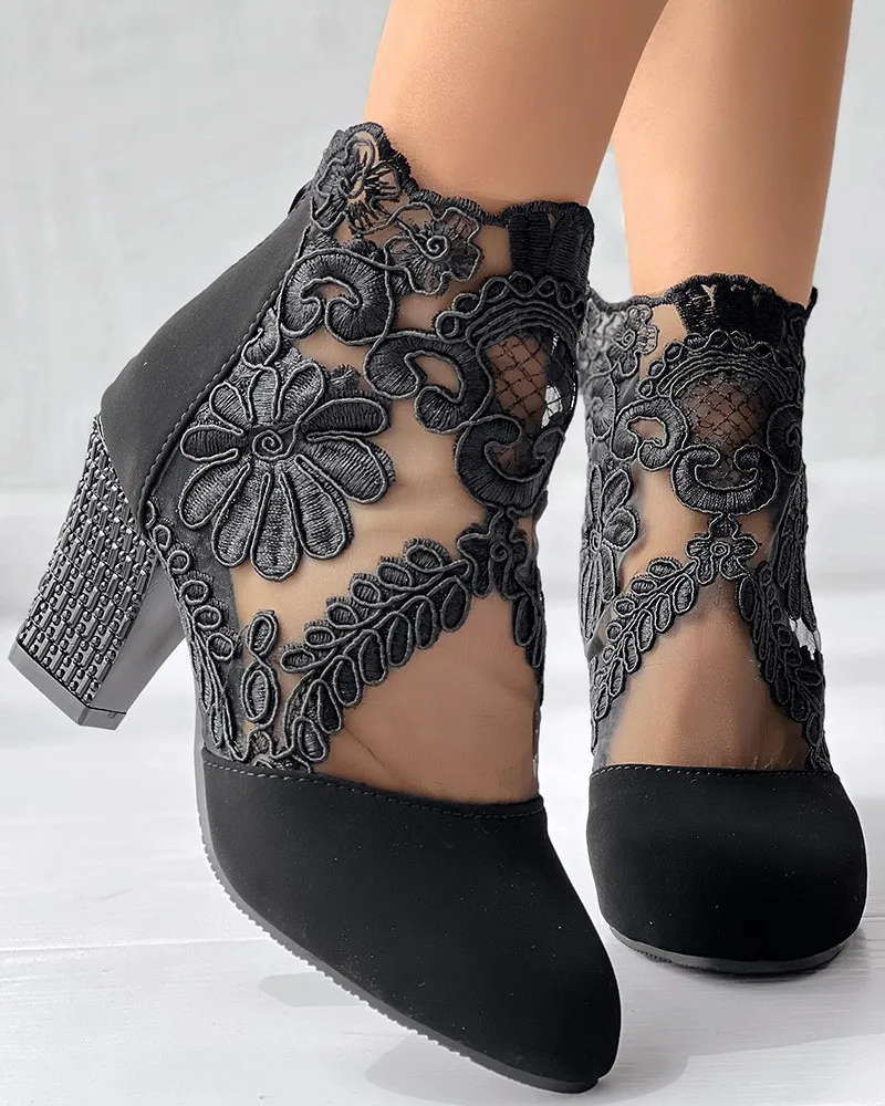 Boots Women's Sandals High Heel Lace Floral Embroidery Patch Chunky Heel Ankle Boot