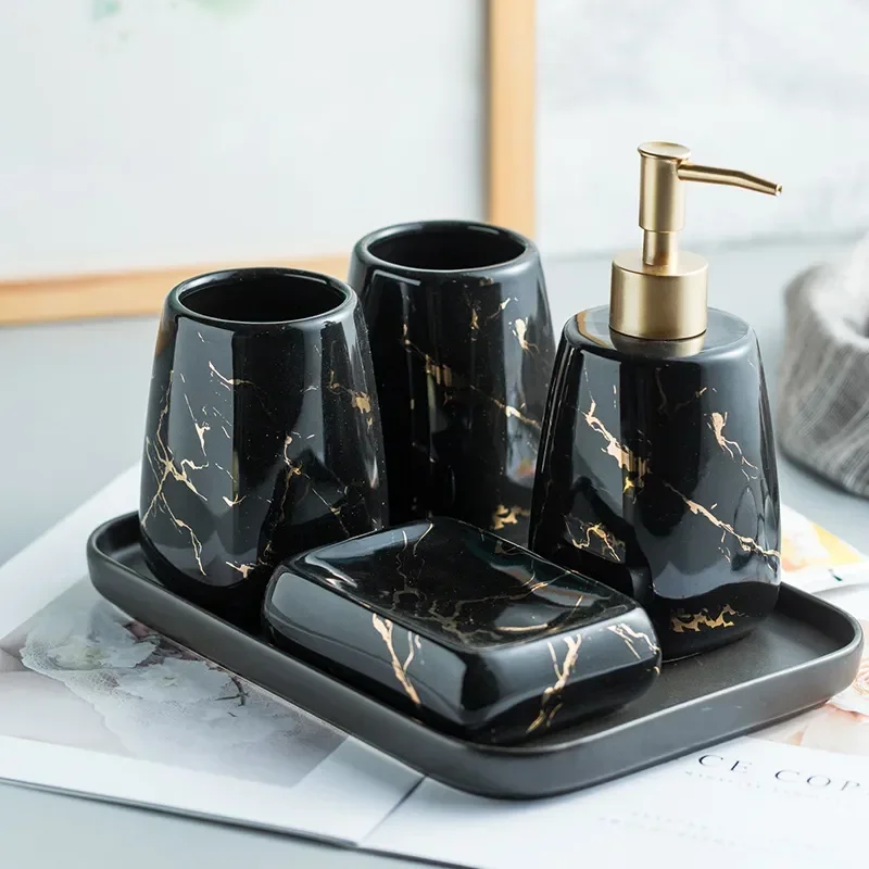 

Washing Setf Glossy Bottle Hotel Accessory Set Holder Toothbrush Wash Cup Soap Tray Tools Home Bathroom Ceramic Marble Mouthwash