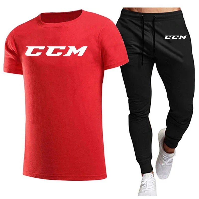 CCM New Men's Tracksuits summer men's sets fitness wear short-sleeved T-shirts+trousers set cotton brand Men's clothing 2
