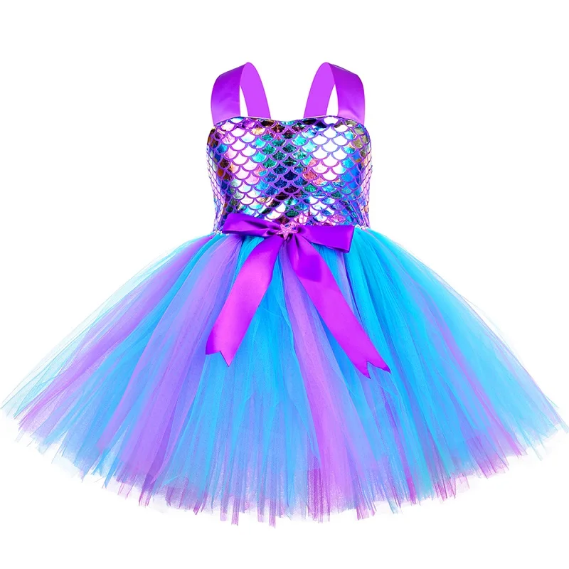 thumbnail image 1 of Vestido de princesa con tutú de sirena para niñas, elegante vestido de tul para fiesta de cumpleaños, vestido de baile, disfraz de carnaval y Halloween para niños, 1 of 5