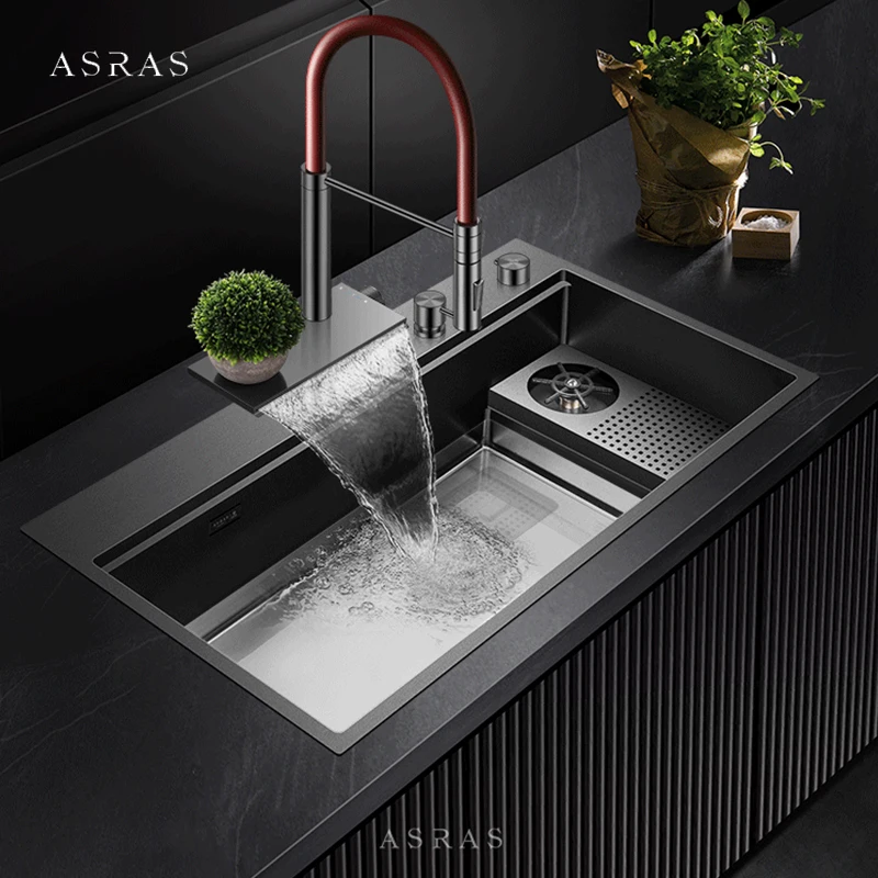 Large Size Nanometer Cup Rinser Kitchen Single Sinks 304 Stainless Steel 4mm Panel Handmade Sinks Waterfall Faucet Kitchen Sinks 2