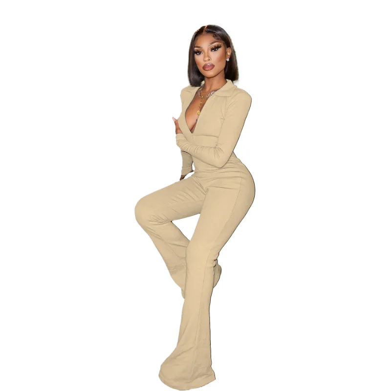 WSFEC 2023 Spring Fashion Jumpsuits Women Clothing Long Sleeve Deep V Neck Solid Bodycon Wide Leg Long Romper Female Bodysuits