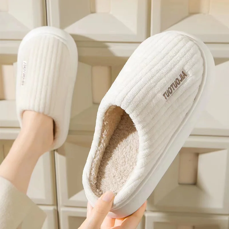 Couple Slippers Indoor Stripe Fluff Memory Foam Fluffy Eva Anti-skid Soft Heel Non Slip Plush Slippers Women's Winter Houseshoes 3