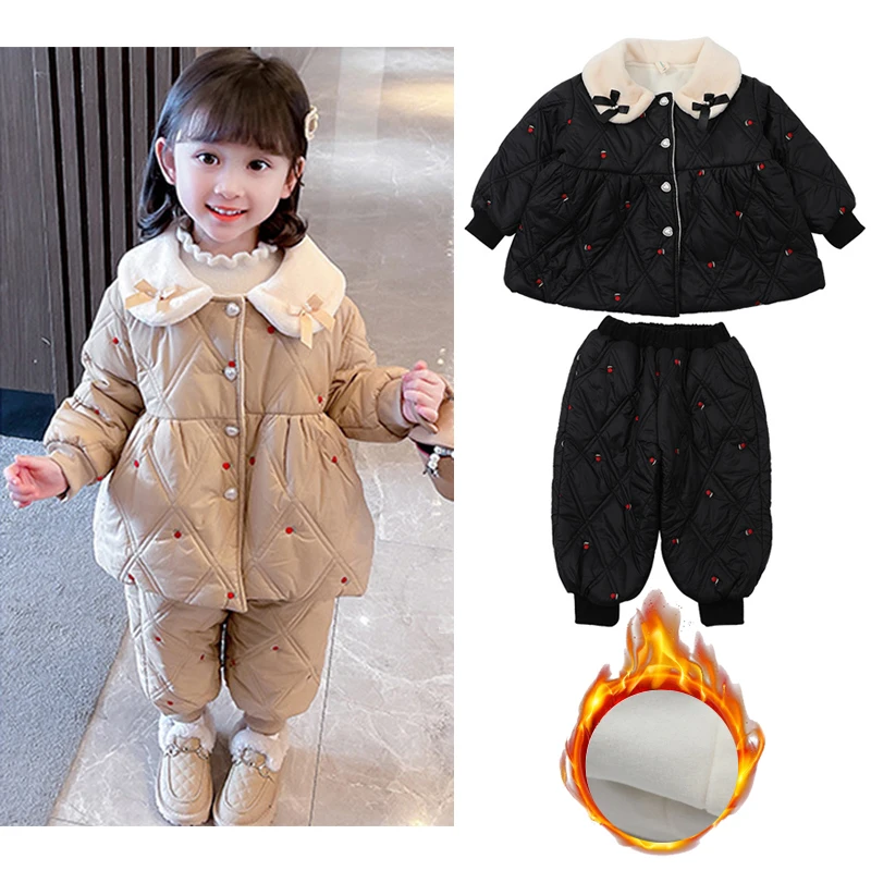 

Baby Kids Winter Clothes Two Piece Sets Girls Cotton Jacket and Pants 1-8 Y Embroidery Set for Baby Thickened Cotton Girls Coat