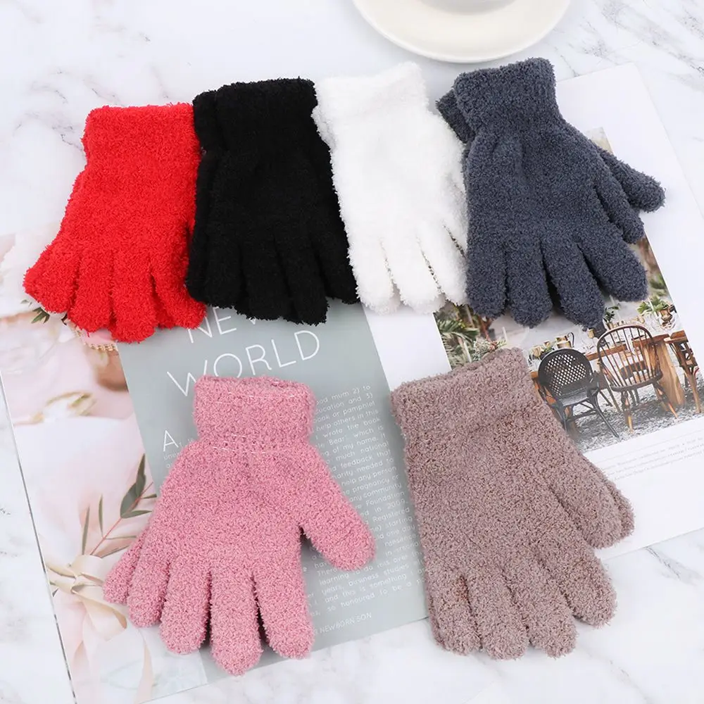 0-11 Years Old Winter Lovely Cartoon Soft Warm Full Fingers Kids Gloves Candy Color Coral Plush Mittens