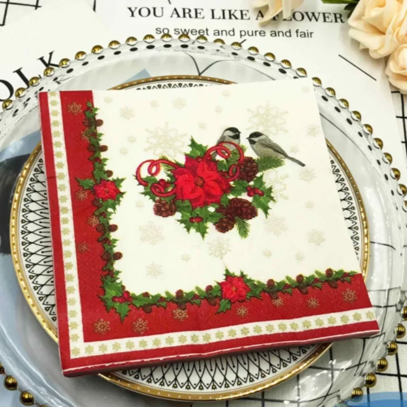 20pcs/Pac 33*33cm 2-Ply Christmas Style Red Lace Bird Colourful Printed Napkin Festive Party Paper Napkin Mouthcloths paper napkins