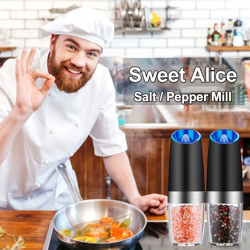 2-piece gravity electric pepper grinder, adjustable thickness, powered by LED lights, stainless steel without battery