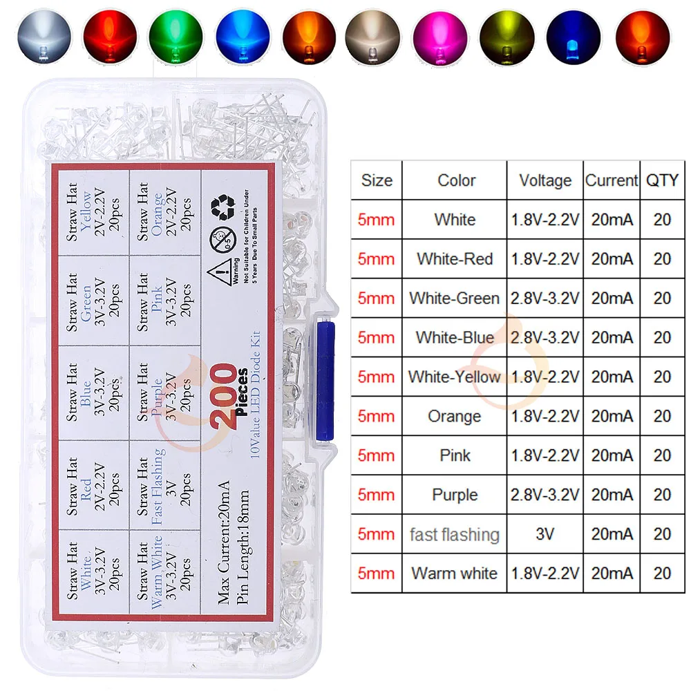 3mm 5mm 10mm LED 발광 다이오드 믹스 키트 RGB 따뜻한 흰색 녹색 빨간색 파란색 노란색 오렌지 핑크 보라색 밀짚 모자 LED 피라냐