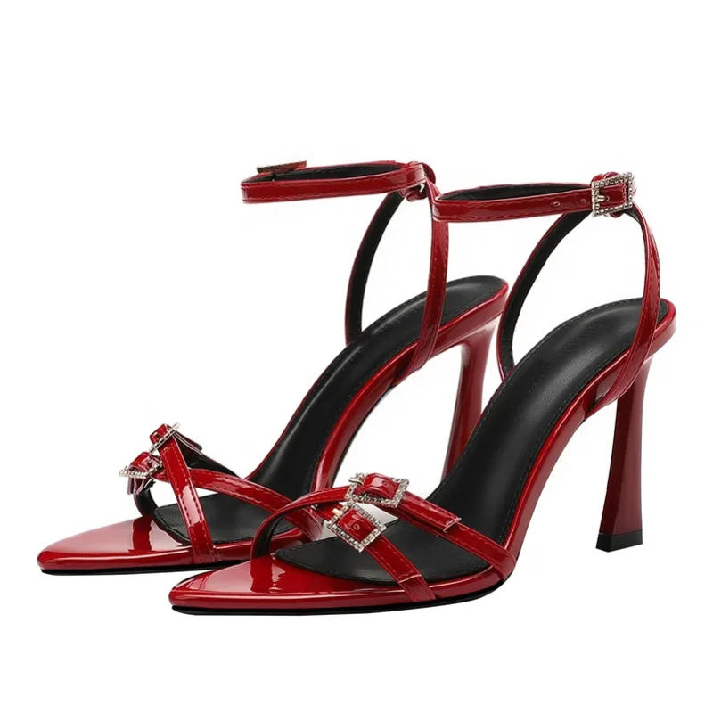 

New Summer Women's High-heeled Sandals, Pointed Toe Rhinestone Buckle, One-line Strap High-heeled Sandals, Back Strap Sandals
