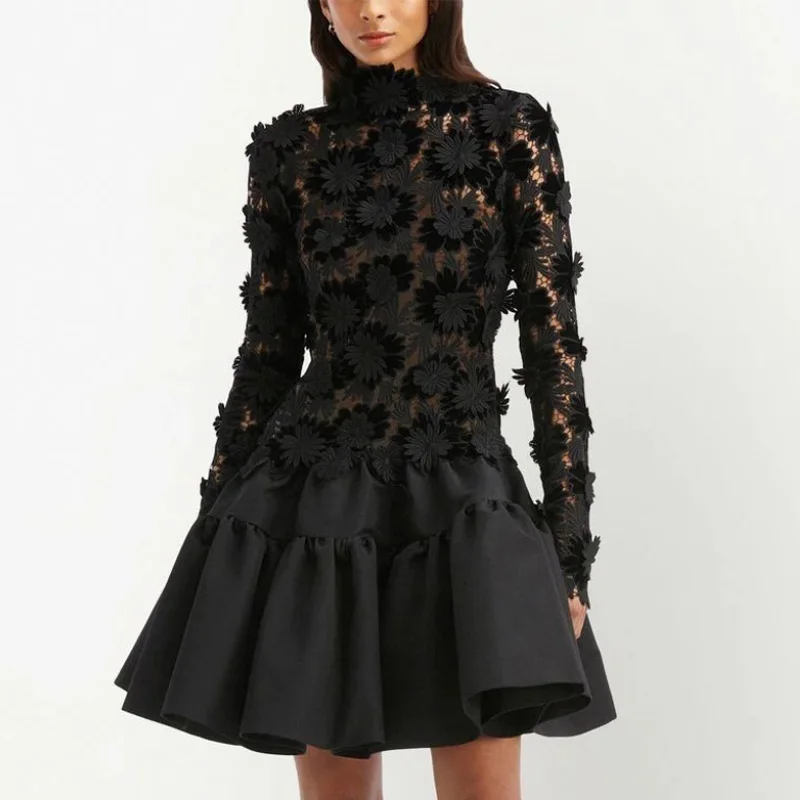 

High Neck Long Sleeve Floral Dress A-line Satin Woman Clothes Black 3D Lace Party Dress Open Back Cocktail Dresses For Event