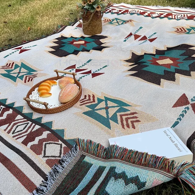 Aztec Blanket Oversized Boho Throw Blanket with Fringe Southwestern Geometric Tapestry Vintage Woven Throw Blankets Double-S 2