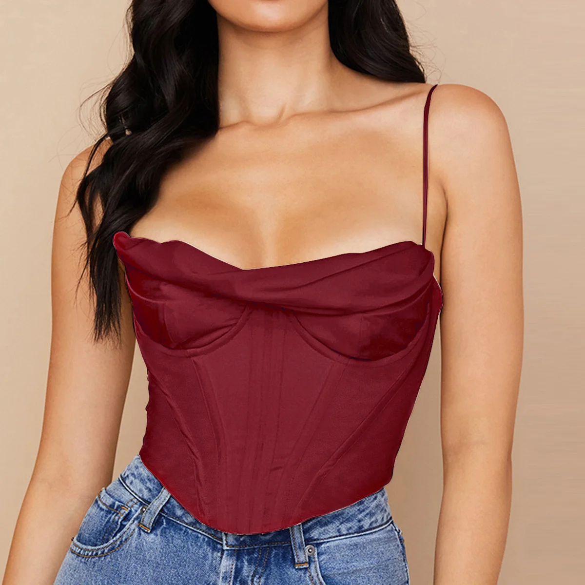 Giyu Sexy Mesh Satin Corset Crop Tops Women Camis Summer Pile Collar Spaghetti Strap Backless Camisole Padded Blusas Femininas jockey camisole