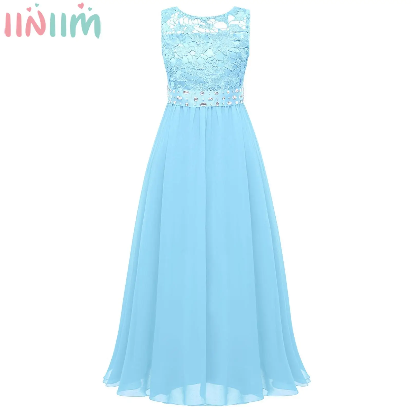 Kids Girls Hollow Out Lace Party Dress Sleeveless Elegant Chiffon Wedding Birthday Evening Princess Dresses with Beaded Sash