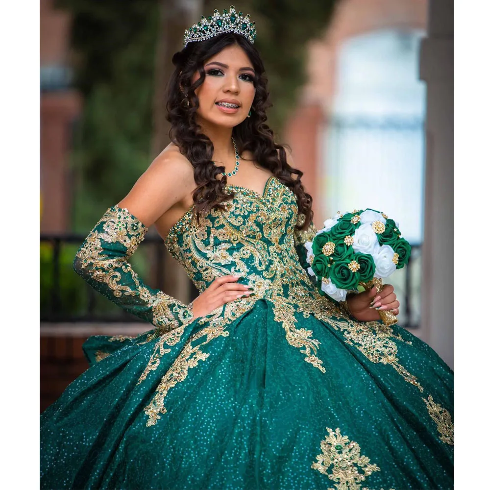 

Hunt green Sweetheart Ball Gown Quinceanera Dress Sequined Birthday Party Gowns With Sleeve Vestido De 15 Anos Robe De