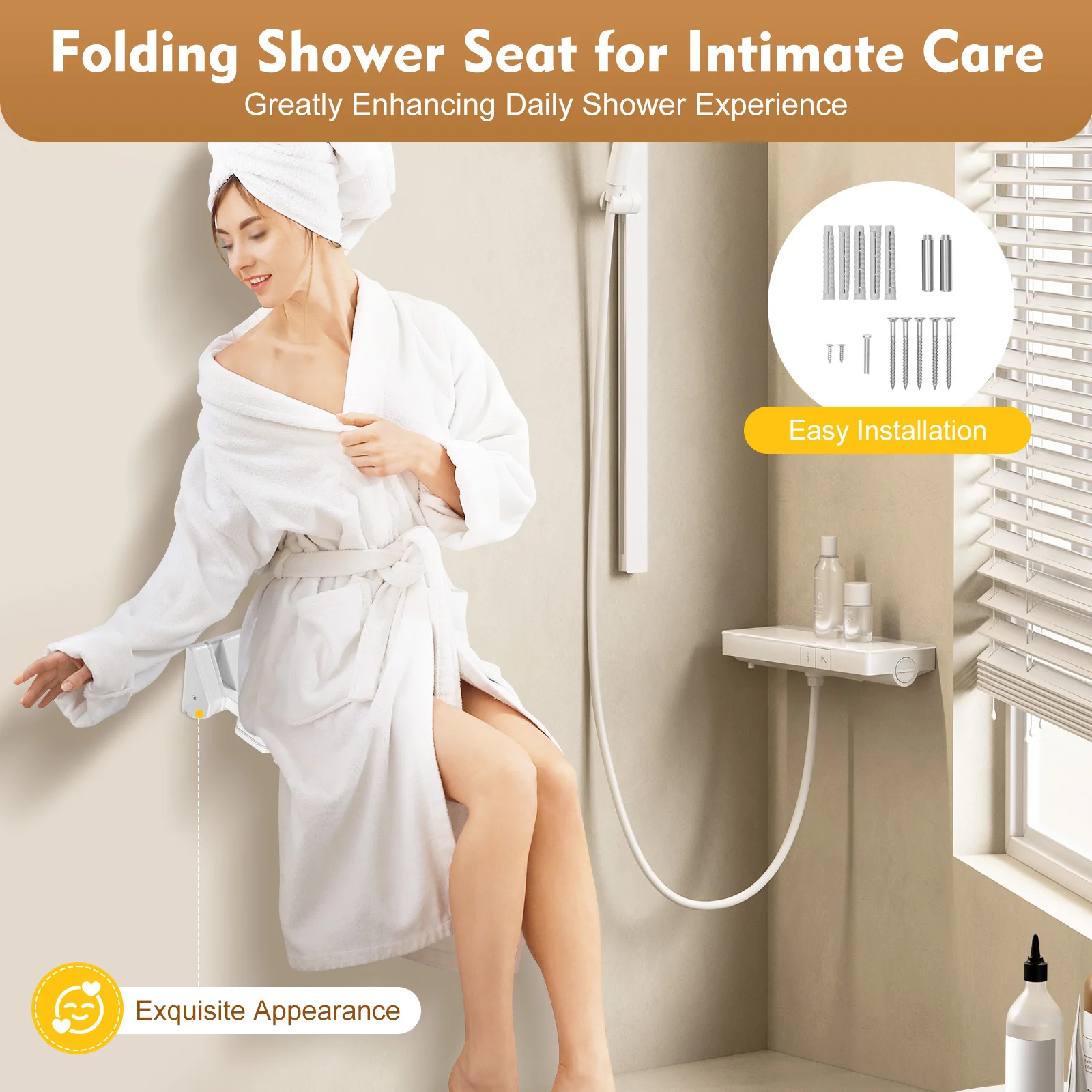 90° Folding Shower Seat Wall-Mounted Waterproof Shower Bench Shoe Changing Stool White Load 130kg for Bathrooms Porches 32*34cm 5