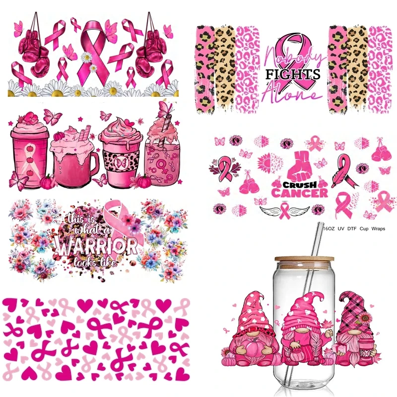 8+ Breast Cancer Awareness 3D UV DTF Cup Wraps Transfer Stickers Pink Ribbon Affirmation UV Wraps Decals 16oz Libbey Glass