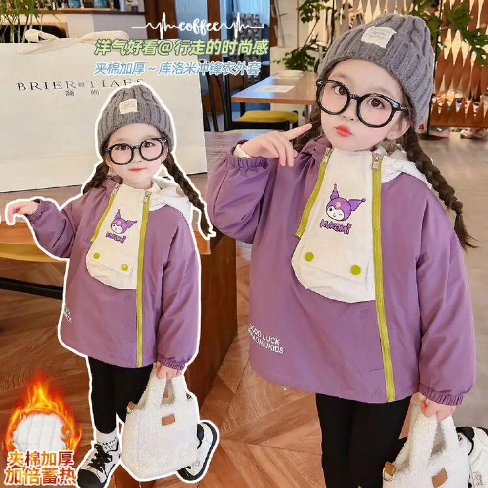 

Утепленная спортивная куртка с хлопковой подкладкой для девочек с аниме Sanrio Kuromi, зимнее пальто с капюшоном, модная повседневная детская одежда