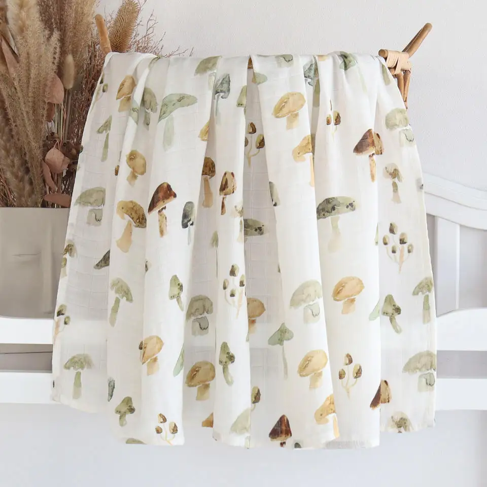 Eucalyptus Printed Organic Bamboo Cotton Muslin Baby Swaddle Blanket