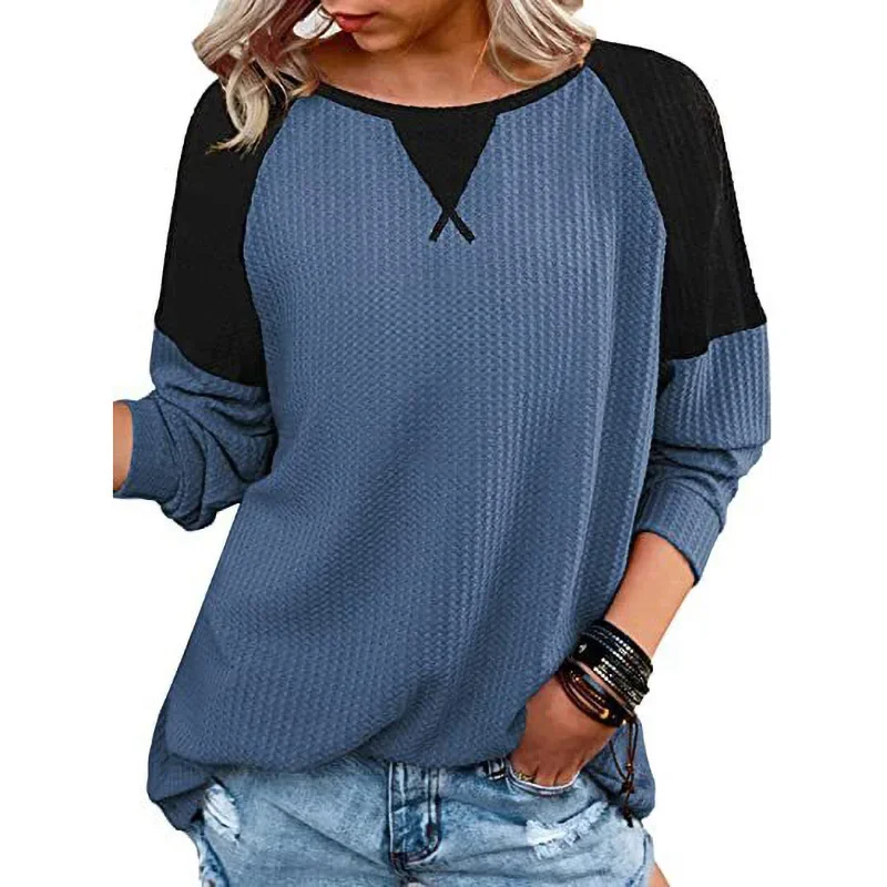 

Oversized Fashion Patchwork Sweatshirt Women Autumn Waffle Long Sleeve Crewneck Pullover Tops Winter Female Loose Casual T-shirt