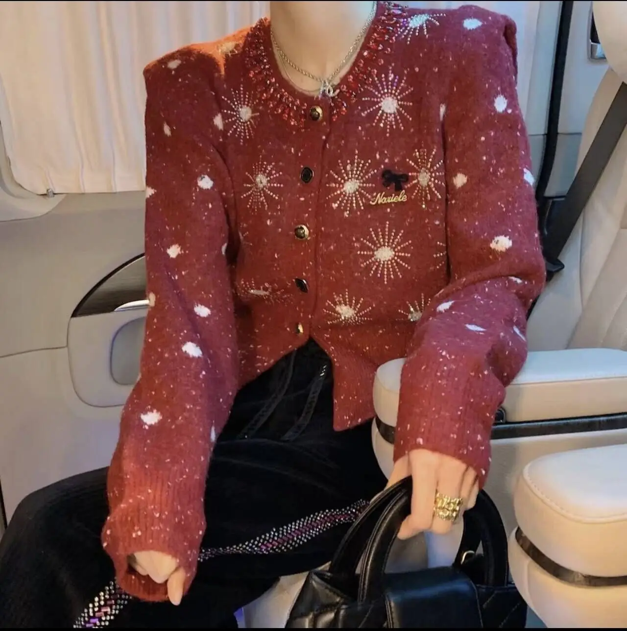 

Women Autumn Winter New Diamond Studded Polka Dot Knitted Cardigan Loose Wool Single Breasted O Neck Sweater X703