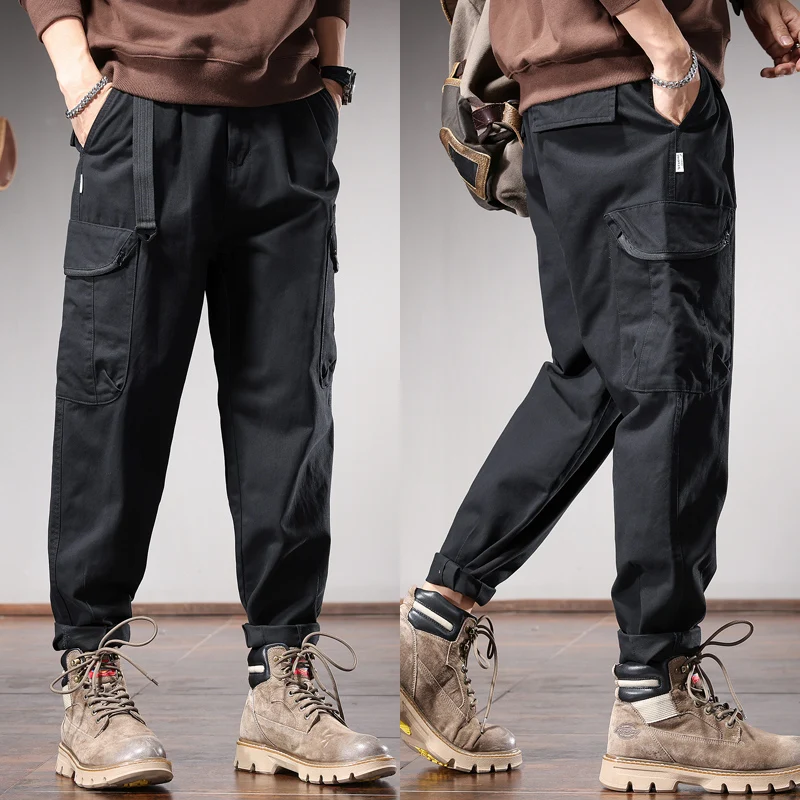 Autumn Cotton Khaki Baggy Cargo Pants Men Streetwear Casual Elastic Waist Belt Loose Straight Leg Trousers