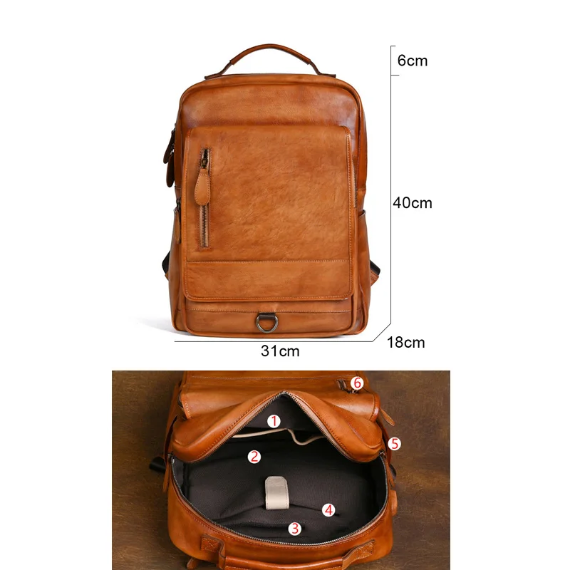 Men's Backpack Vintage Genuine leather Fit 15.6" Laptop Bags Business Rucksack Student School Bag Daypack Big Male Travel Bag
