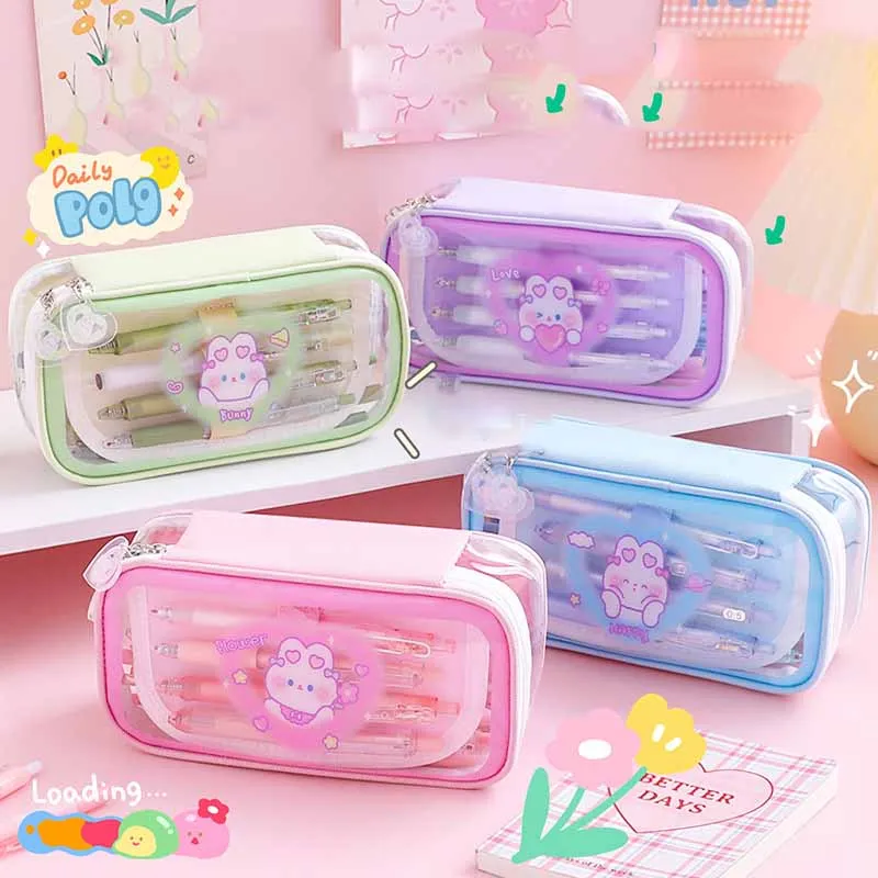 

Kawaii Transparant Pencil Case Large Capacity Waterproof Pen Bag Kawaii Cartoon Student Box for Girl School Supplies Stationery