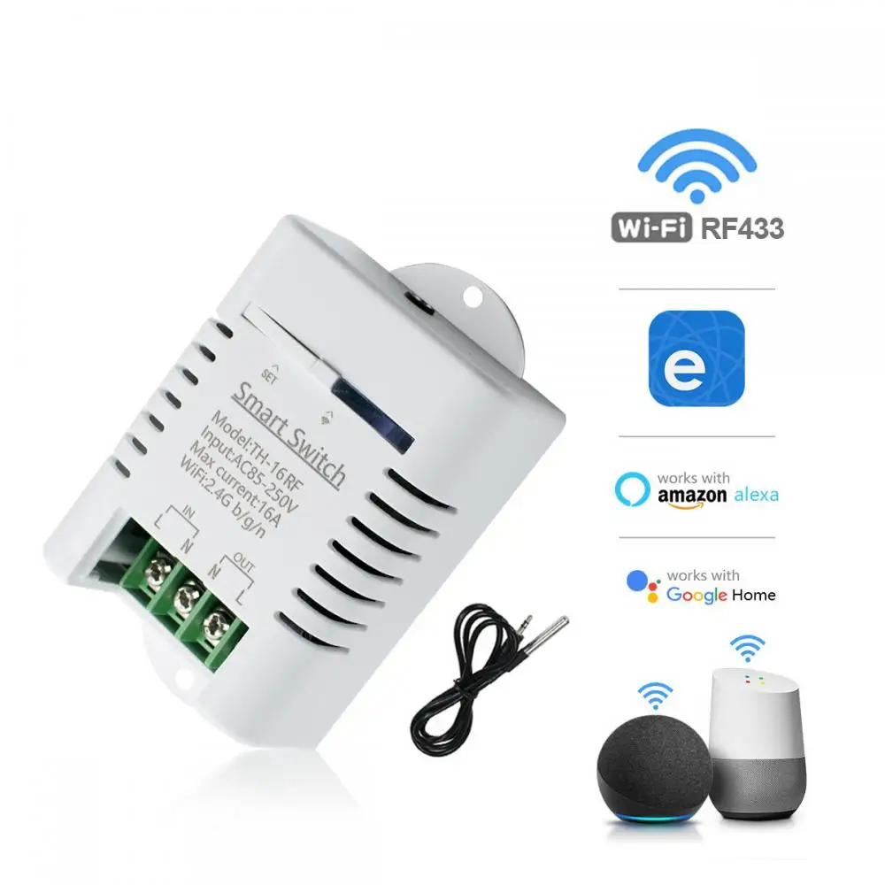 

EWeLink TH16 16A WiFi Smart Switch Wireless Temperature Humidity Support Status Tracking Smart Home Control, Alexa Google Home