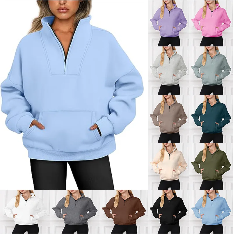 

2023 Autumn and Winter Collar Solid Color Sweat Pocket Zipper Women's Casual Loose Fleece Threaded Top Fashion Explosion New Wom