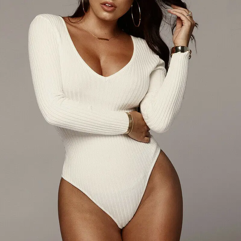 

Sexy White Off Shoulder Bodysuits Women Autumn Winter Skinny Stretch Long Sleeve Playsuit 2023 New Solid Color V-Neck Rib Romper