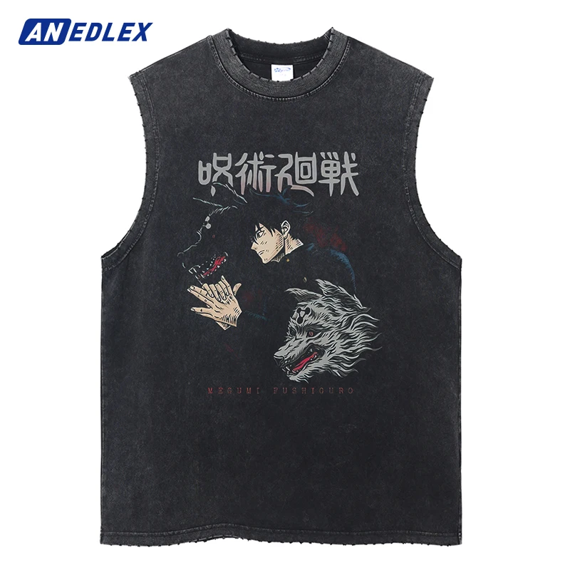 

Винтажный черный жилет для мужчин, уличная одежда в стиле хип-хоп, топы с аниме принтом, повседневные топы без рукавов, рубашка, хлопковые футболки унисекс с вареным эффектом на лето