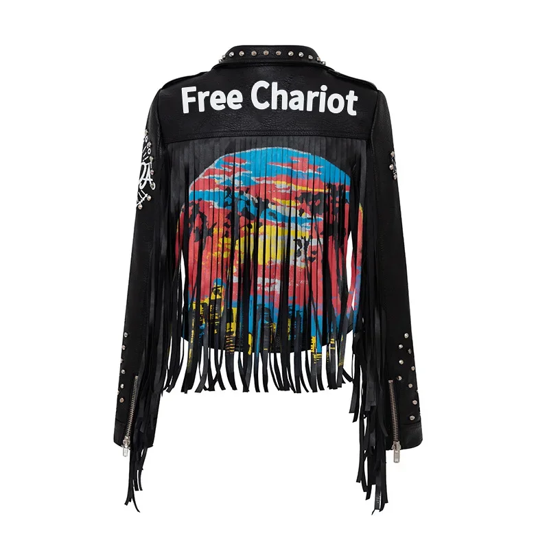 Cropped Fringed Leather Jacket Woman 2024 Trend Punk Rivets Style Streetwear Graffiti Print Black Faux Leather Motorcycle Jacket
