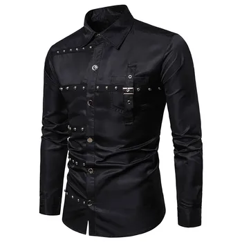 Gothic Studded Men Long Sleeve Shirt Halloween Medieval Belt Black Shirt Classic Vintage Party Performance Men'S Clothing 6