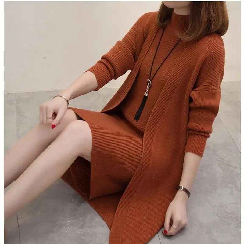 

Women's Dresses Knitwear Suits Female Knitted Cardigan Sleeveless Coat and Suspender Knit Dress Streetwear Two Piece Sets G868
