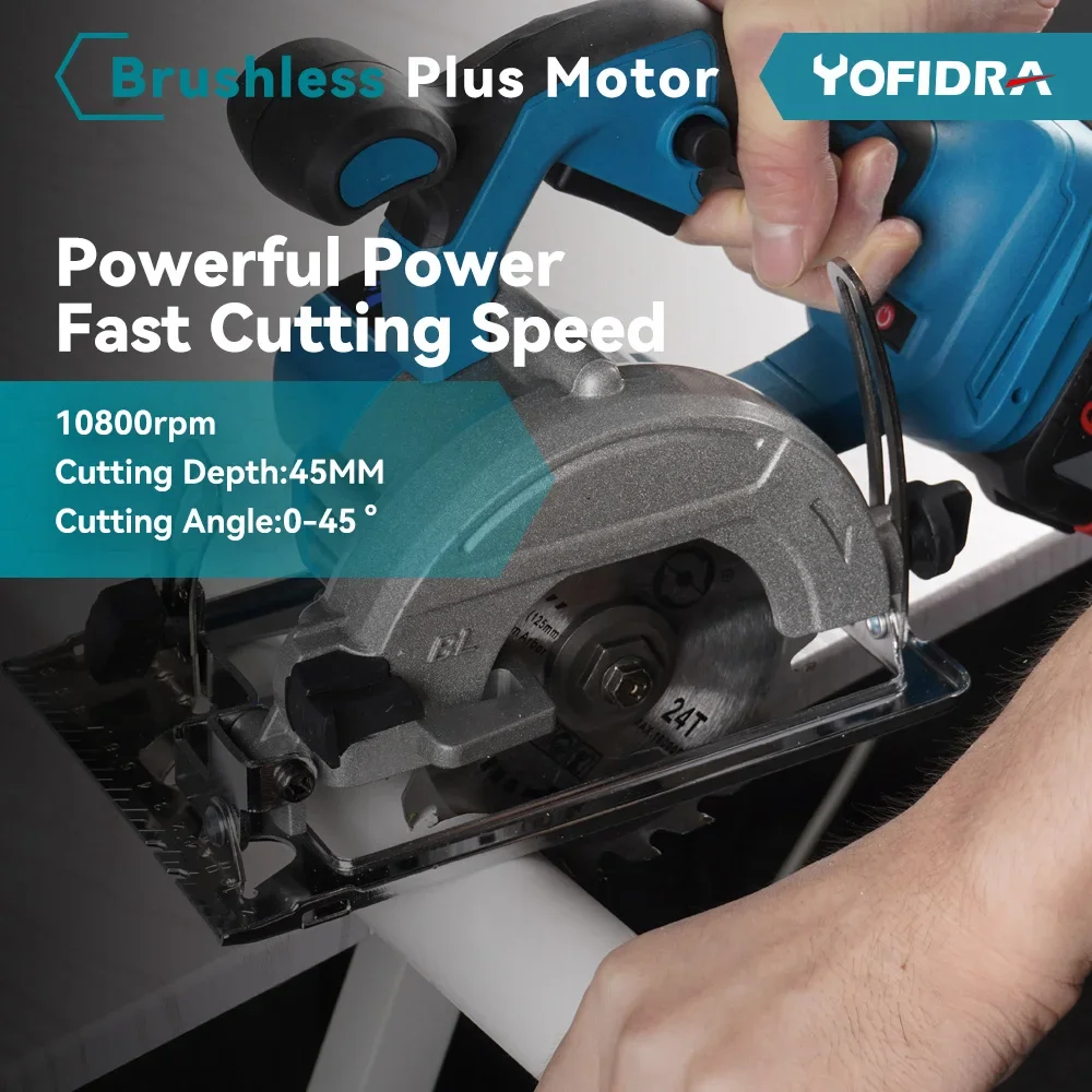Yofidra 5 Inch 125mm Brushless Cordless Electric Circular Saw 0° to 45° Adjustable Wood Cuttiing Machine For Makita 18V Battery 6