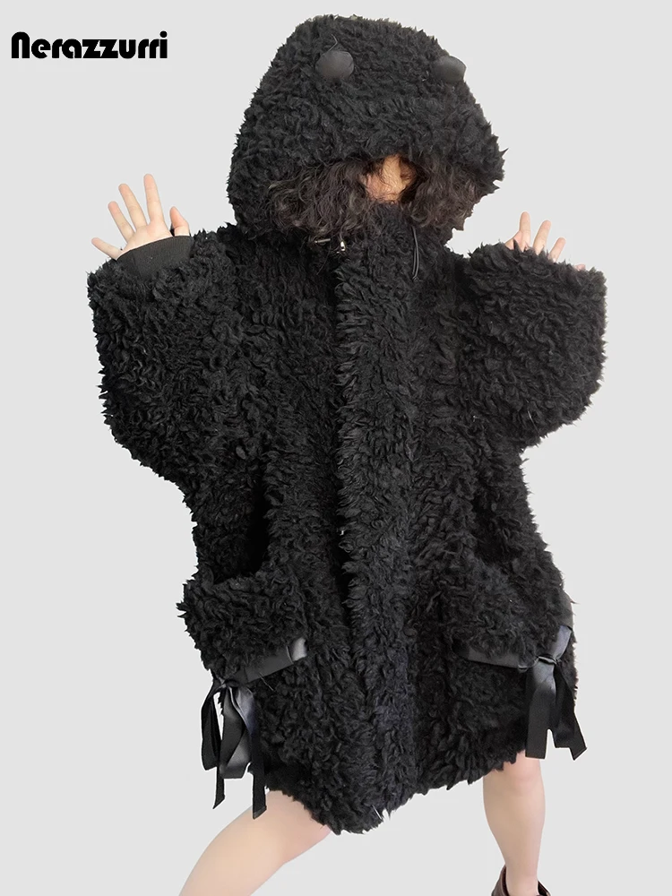 

Nerazzurri Winter Oversized Black Shaggy Hairy Fuzzy Thick Warm Soft Faux Fur Coat Women with Hood Sweet Cute Fluffy Jacket 2023