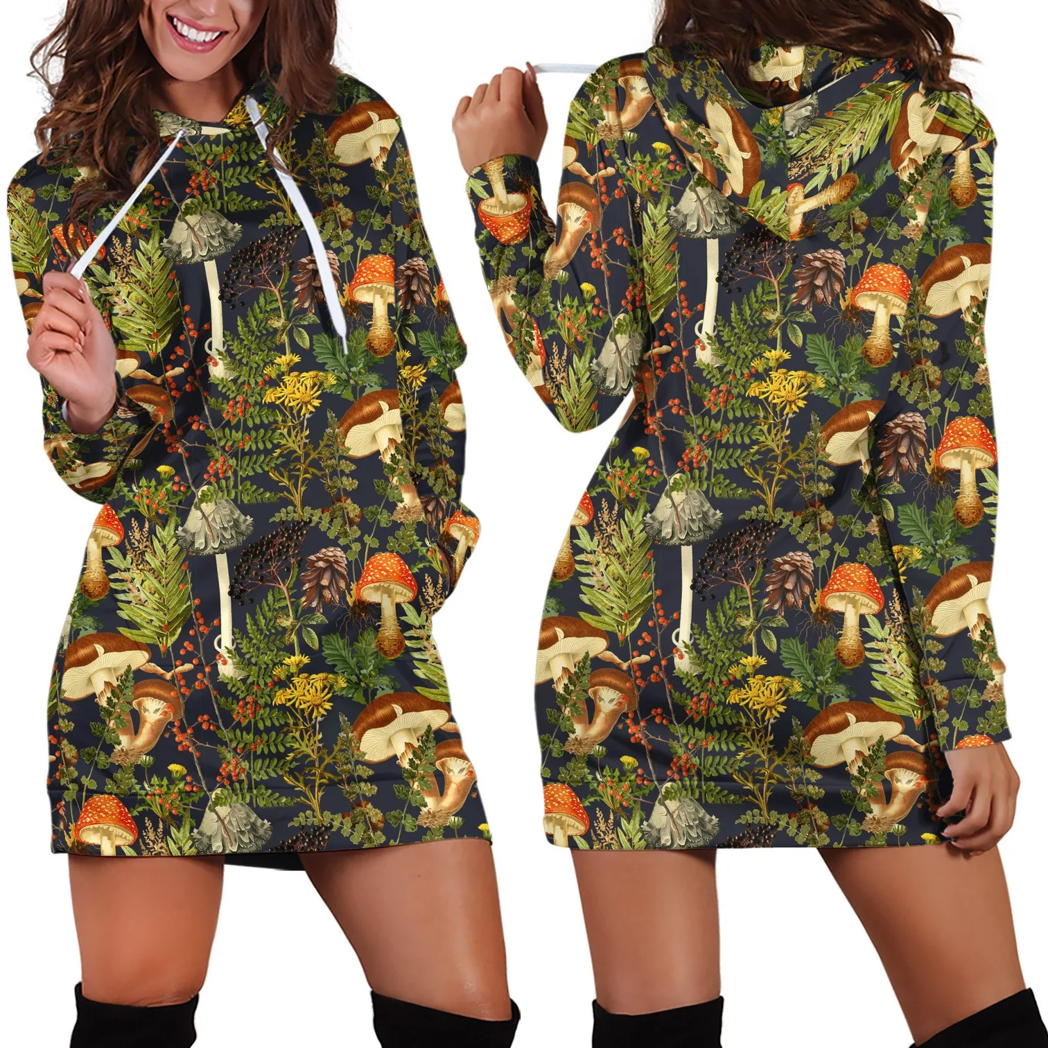 Edible Mushrooms White Hoodie Dress 3D Printed Hoodie Dress Novelty Hoodies Women Casual LongSleeve Hooded Pullover Tracksuit