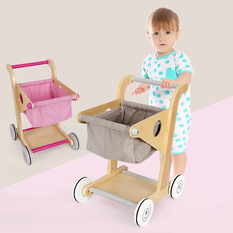 Wooden Children's Shopping Cart Toys for Boys and Girls Simulation Supermarket Trolley Homewalker Toys Set 2