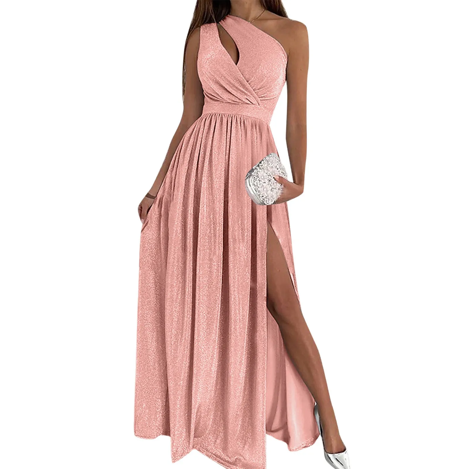 

Women's Dresses One Shoulder Cut Out Ruched Sequin Wrap Draped Waist Side Slit Midi Dress Club Gown Prom Long Party Dress