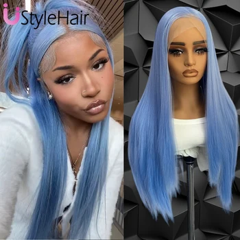 Light Blue Lace Front Wig 13x4 Long Silky Straight Synthetic Hair Wig Natural Looking Daily Use Wig Heat Resistant Cosplay Wigs