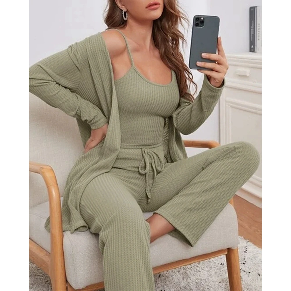 

3 PCS Casual Loungewear Set Women Fashion Knitted Ribbed Tank Top & Drawstring Pants Set With Cardigan Three Pieces Set Homewear