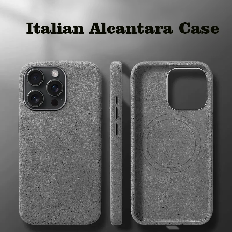 

Italian Alcantara Case for iPhone 15 Pro Max Soft Leather Phone Back Cover for iPhone 15 Pro Magnets For MagSafe Grey Blue