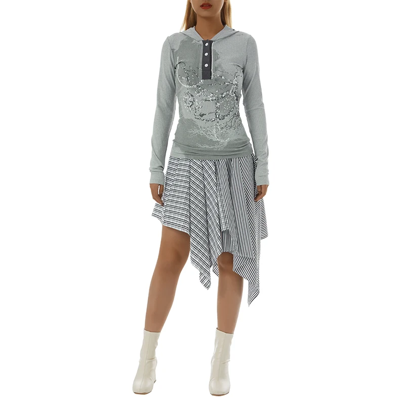 

Ladies Casual Hooded Tops, Fashionable Spring Autumn Abstract Printing Rhinestone Decoration Long Sleeve T-shirt Slim Base Shirt