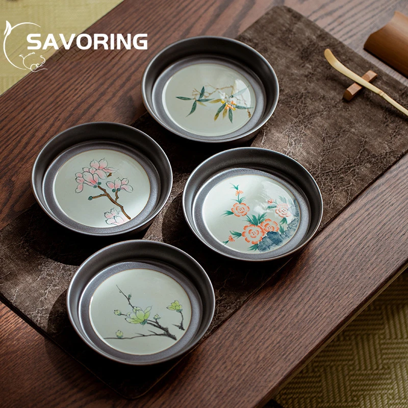 

Hand-painted Cover Bowl Tray Retro Rust Glazed Ceramic Pot Bearing Plate Pure Household Dry Bubble Raising Pot Support Tea Table