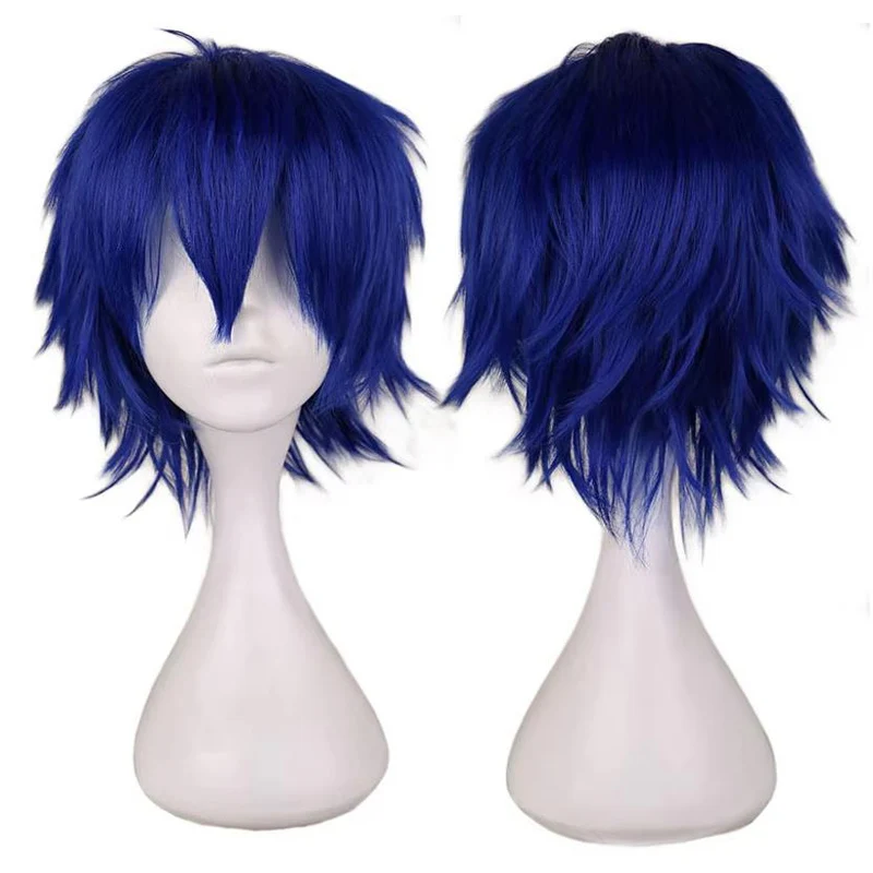 QQXCAIW hommes bleu foncé court Costume Cosplay perruque garçons 30 Cm résistant à la chaleur synthétique cheveux perruques