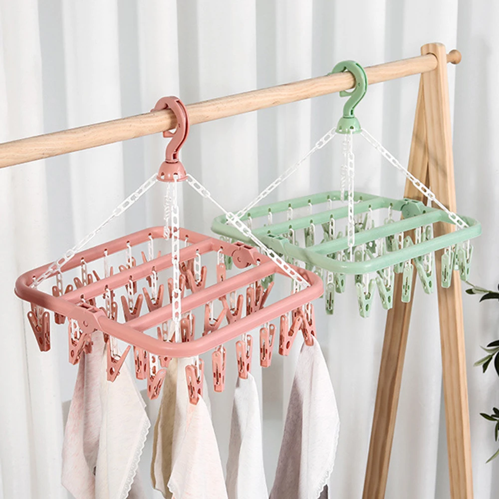32 Clips Folding Clothes Dryer Hanger Windproof Socks Underwear Drying Rack Household Children Adults Storage Laundry Rack 5
